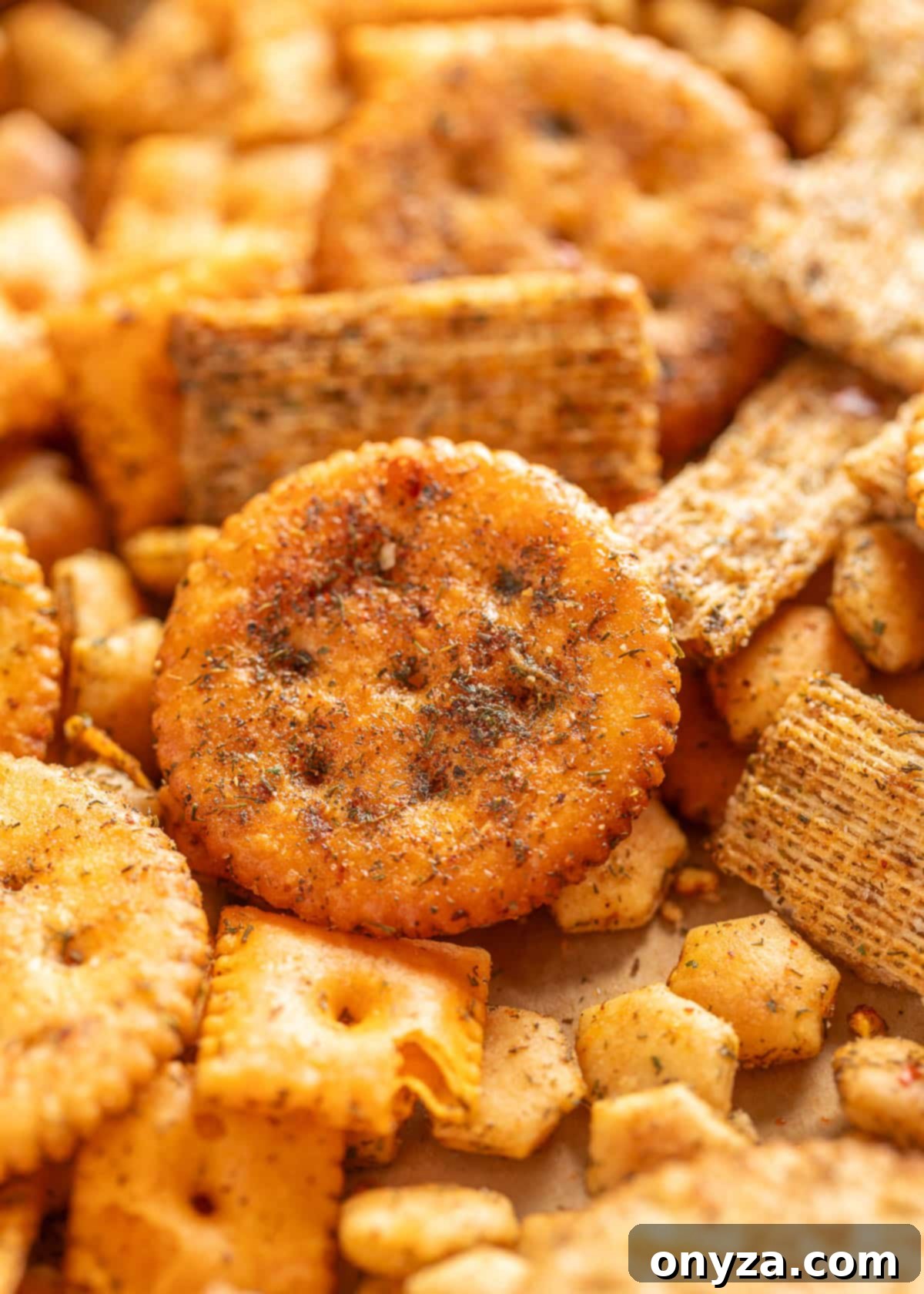 Zesty Dill Ranch Crackers 6 Extreme close-up of dill ranch snack mix, highlighting a round butter cracker coated with ranch seasoning and spices. Surrounding it are cheese crackers, wheat crackers, butter crackers, and oyster crackers, all visibly seasoned.