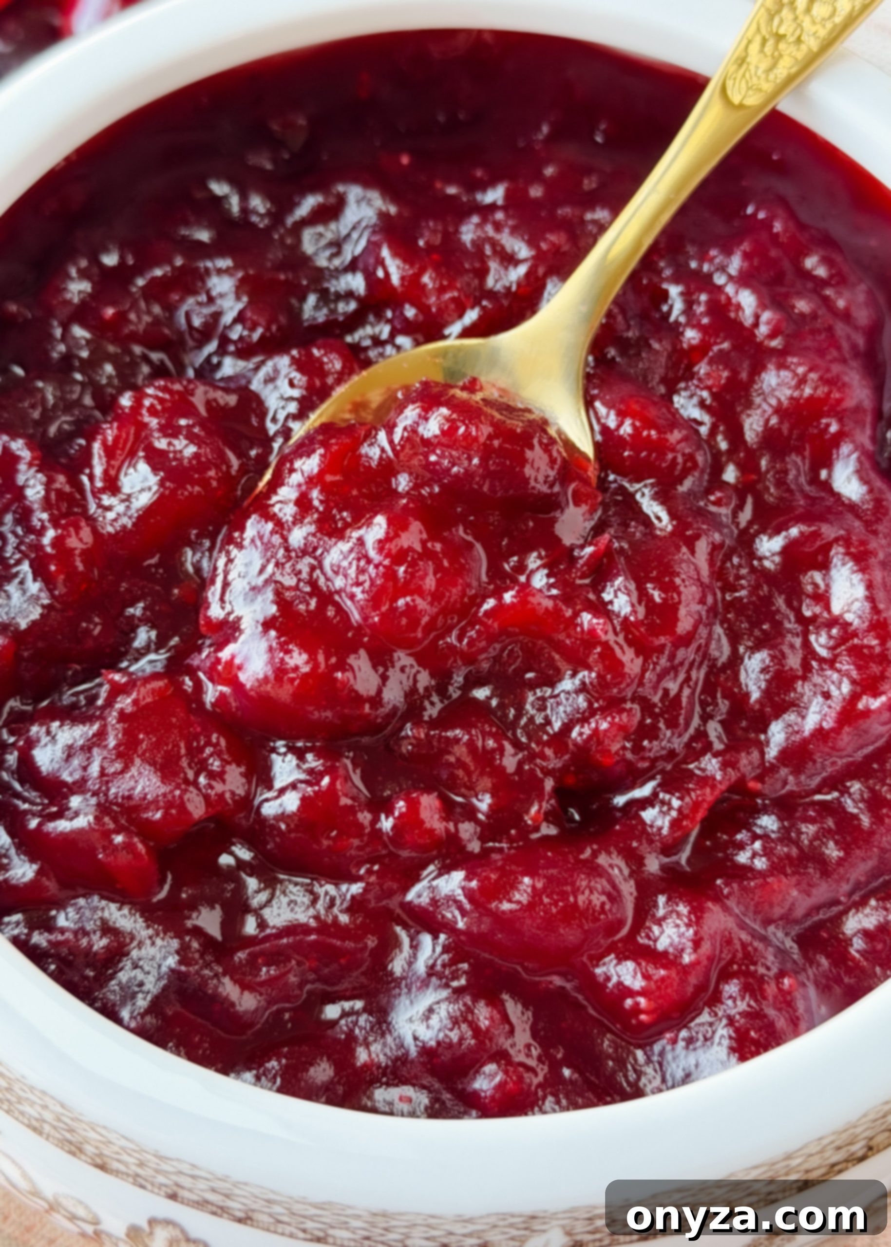 Close-up of homemade whole berry cranberry sauce in a white and brown patterned serving bowl, with a gold spoon lifting a portion of the thick, glossy sauce.
