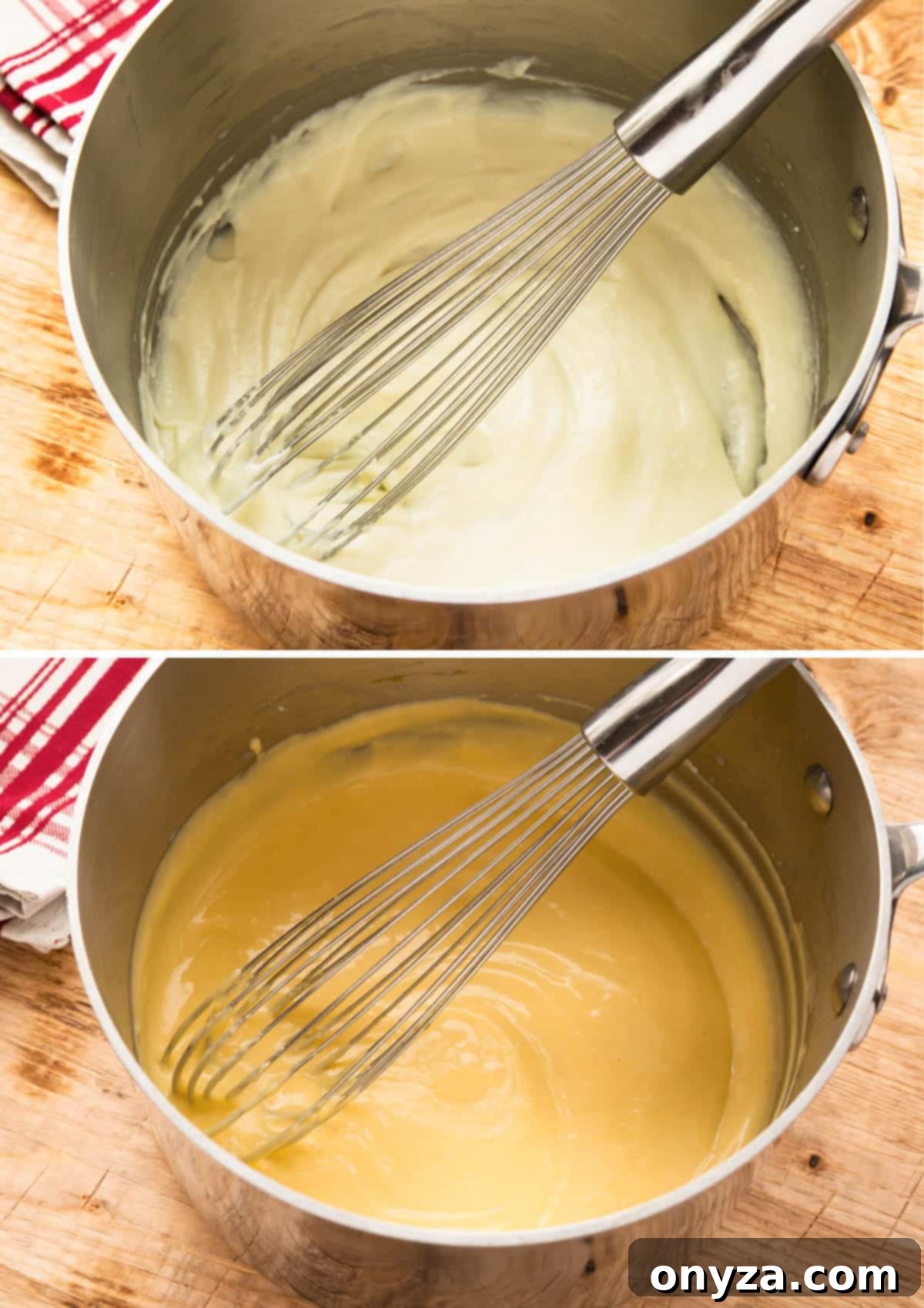 Top photo: A stainless steel pot with a thick, creamy béchamel sauce being whisked. Bottom photo: The same béchamel sauce, now enriched with whisked egg yolks, creating a smooth mixture.