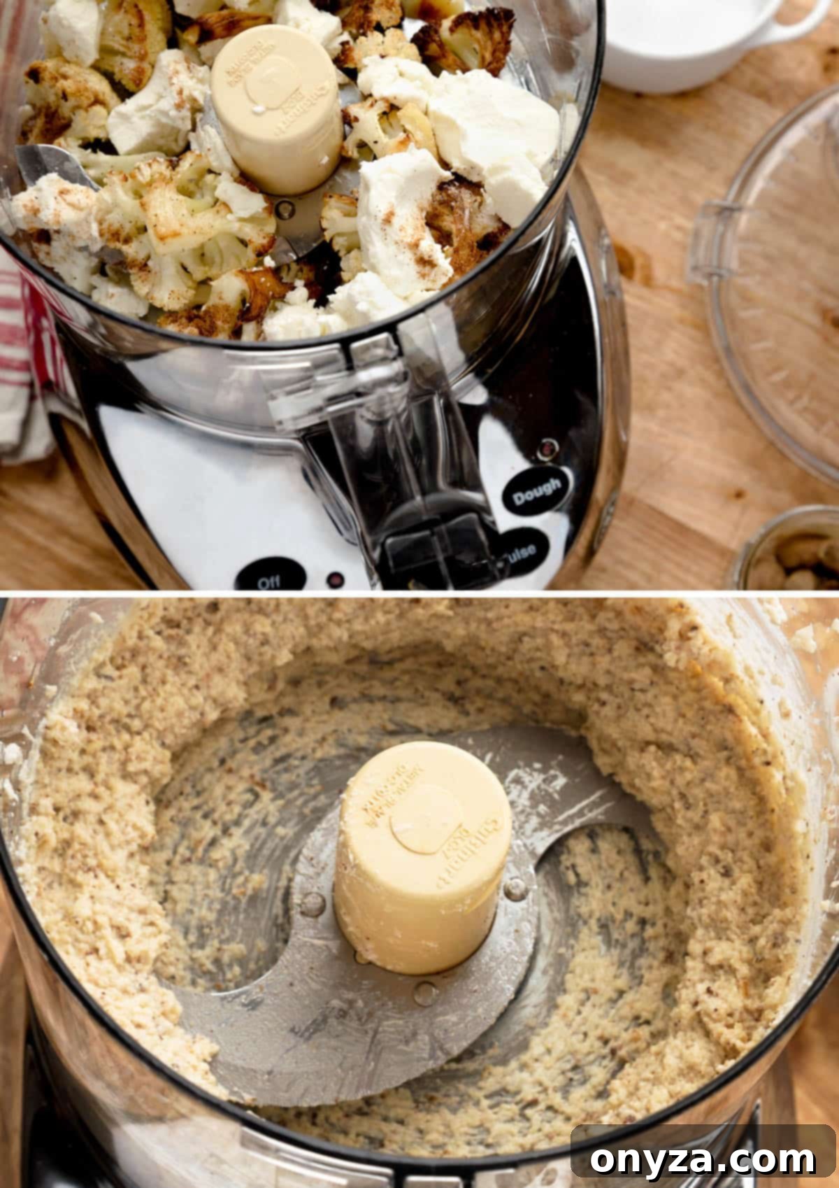 Top photo: Roasted cauliflower, garlic, goat cheese, and seasonings are placed in the bowl of a food processor. Bottom photo: The same ingredients transformed into a smooth, creamy puree within the food processor.