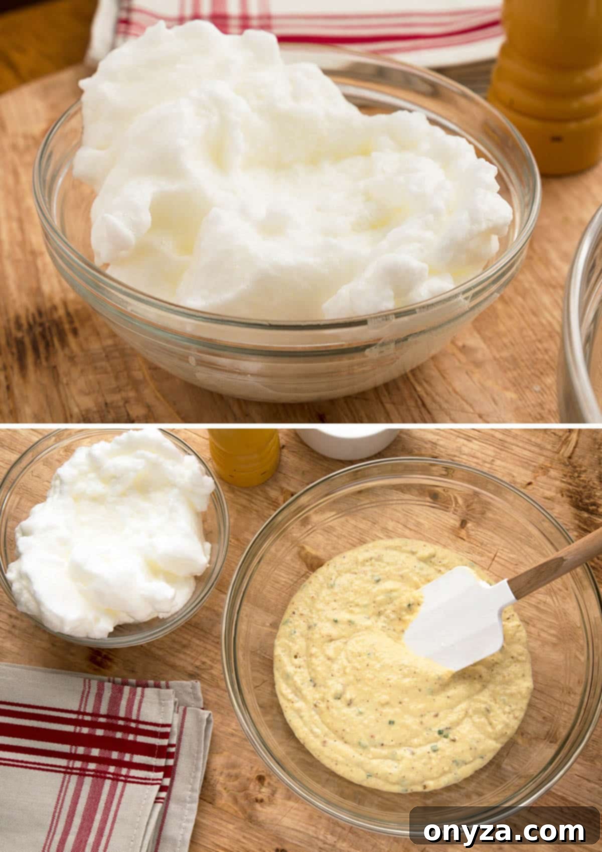 Top photo shows a bowl of perfectly whipped egg whites. Bottom photo displays a bowl of rich cauliflower soufflé base next to the airy whipped egg whites on a wooden board, ready for combining.