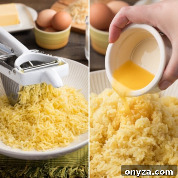 Hands piping Dubliner cheese mashed potatoes onto the short rib filling in a gratin dish