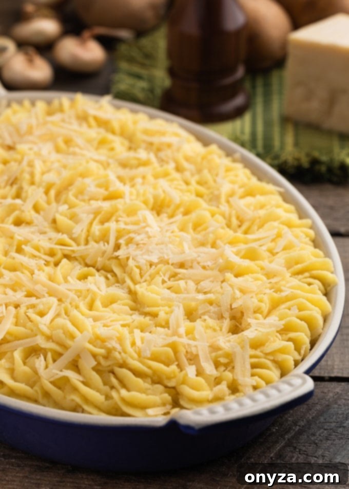 Stout-Braised Short Rib Cottage Pie topped with elegant piped swirls of Dubliner cheese mashed potatoes, ready for baking