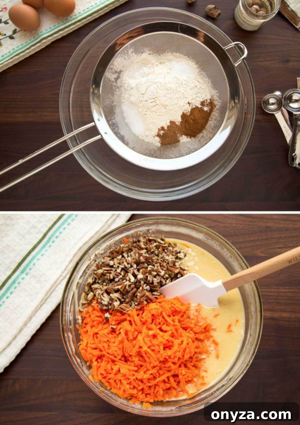 Top photo shows flour and spices being sifted into a glass bowl; bottom photo displays shredded carrots and pecans in a glass bowl next to a bowl of whipped eggs and sugar, all on a dark wooden surface, detailing the ingredient preparation steps.