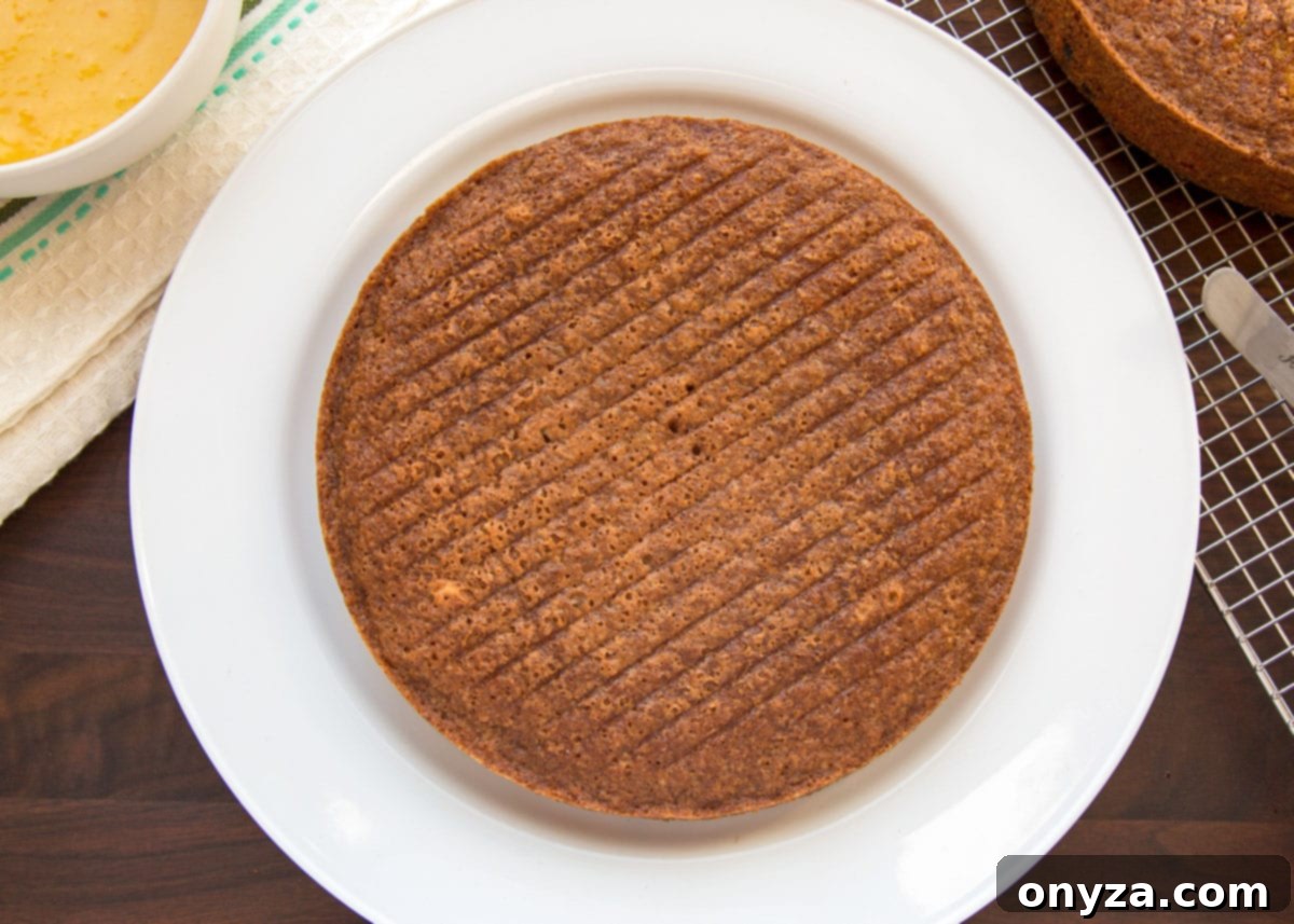 A single, perfectly baked carrot cake layer resting on a white plate, ready for assembly, showcasing its moist texture.