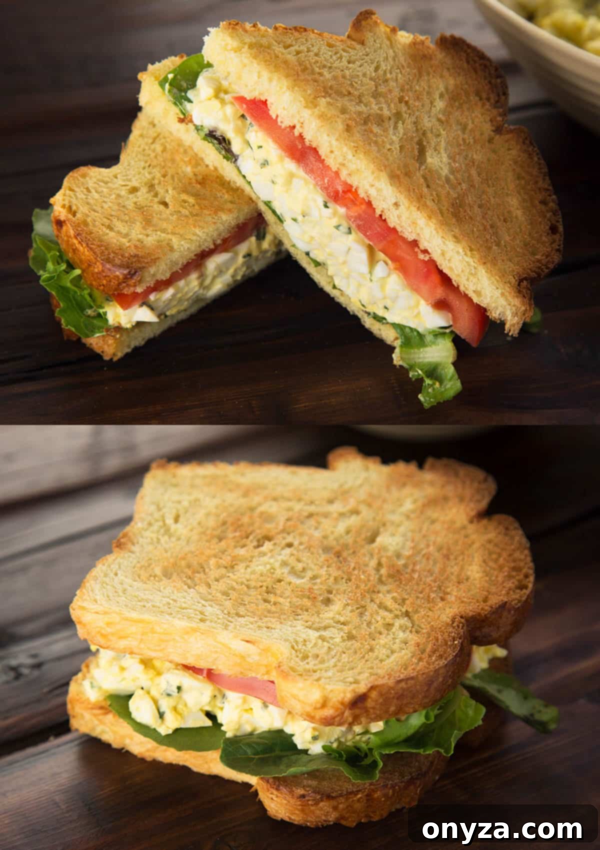 Two photos showing a cut and uncut basil egg salad sandwich on toasted brioche with tomato and lettuce. The sandwich is a unique twist on a classic egg salad recipe, highlighting the creamy garlic-basil mayo.