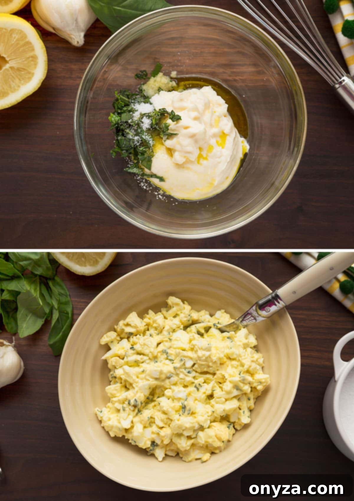 Two overhead photos: one showing a glass bowl with basil egg salad dressing being mixed, and the other showing the finished basil egg salad mixed in an ivory ceramic bowl.