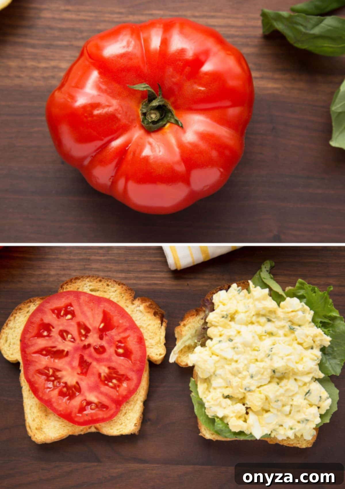 Two overhead photos showing a ripe red tomato, and two pieces of brioche toast, one with a tomato slice and the other with egg salad and lettuce, illustrating serving suggestions for basil egg salad.