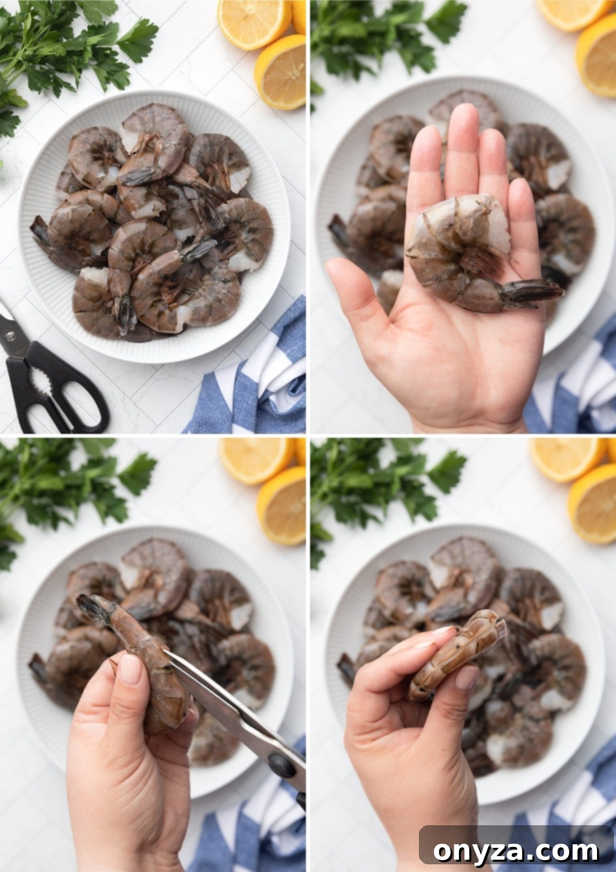 Four photos demonstrating the step-by-step process of deveining shrimp, crucial for perfect grilled scampi