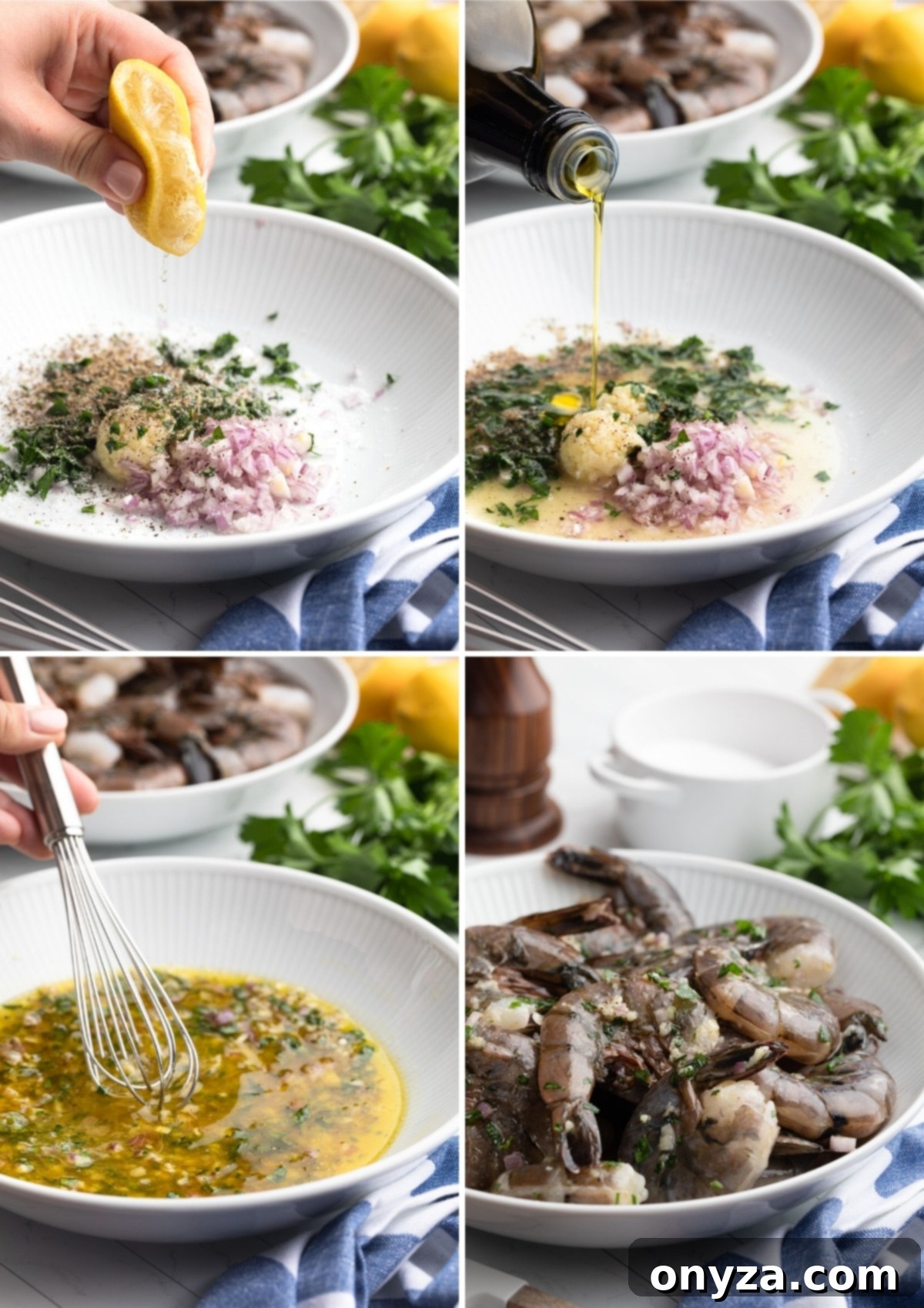 Four photos illustrating the process of preparing the lemon garlic shrimp marinade, a key step for flavor