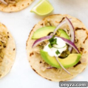 Tender Slow Cooker Chicken Tomatillo Tacos 2 Slow Cooker Chicken Tomatillo Tacos - close up view