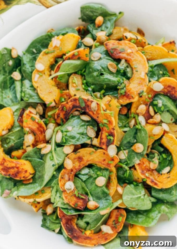 closeup of delicata squash salad with baby spinach and toasted squash seeds