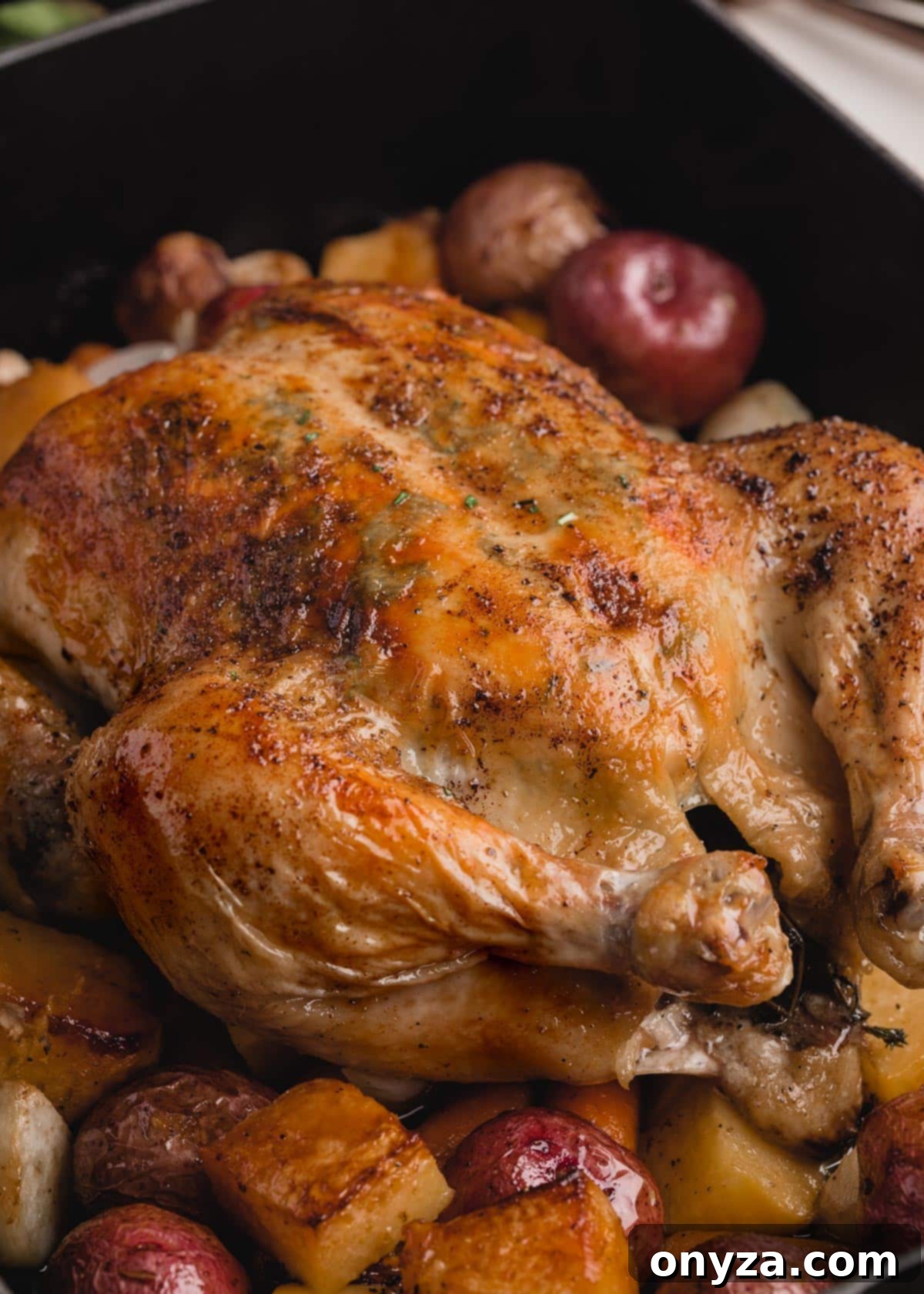 roasted chicken with root vegetables in a cast iron roasting pan, ready to be served