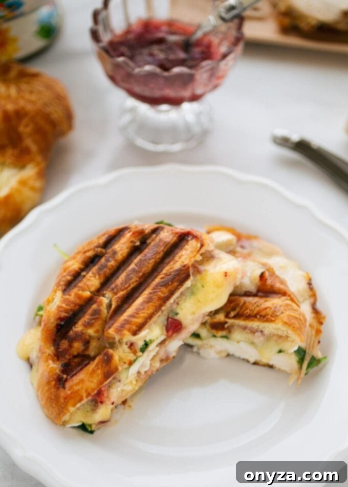 Grilled turkey and brie croissant panini, cut in half, showcasing melted cheese and fresh arugula on a white plate