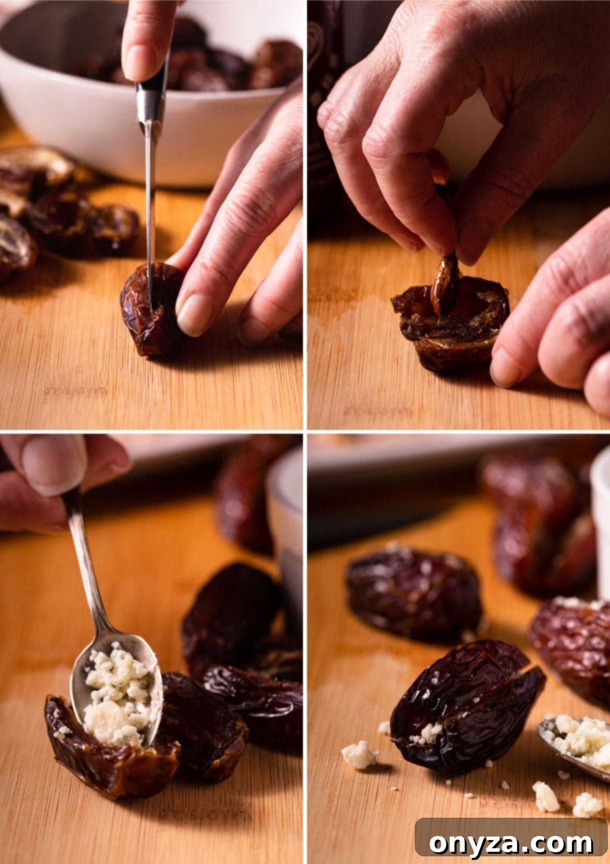 A four-photo collage illustrating the step-by-step process of preparing Devils on Horseback: removing the pit from a date, then stuffing it with crumbled blue cheese.