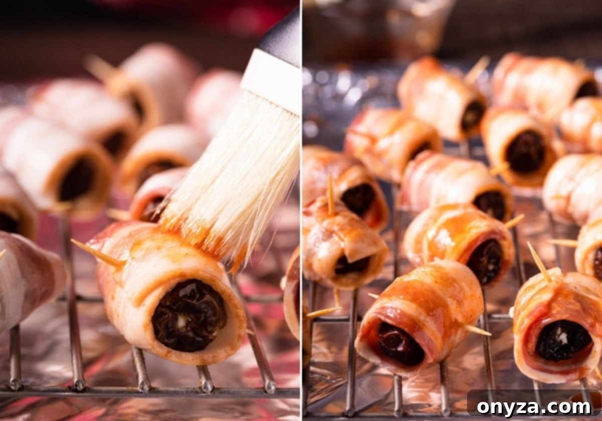A two-photo collage showing bacon-wrapped dates being brushed with the Maple-Sriracha glaze, followed by the prepared appetizers resting on a wire rack before being baked to perfection.