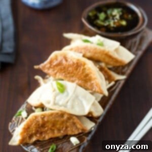 Crispy chicken and vegetable potstickers served with dipping sauce