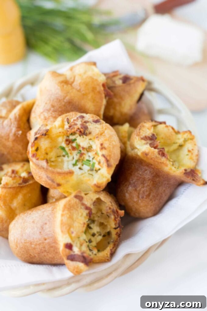 popovers with goat cheese and bacon in a bread basket