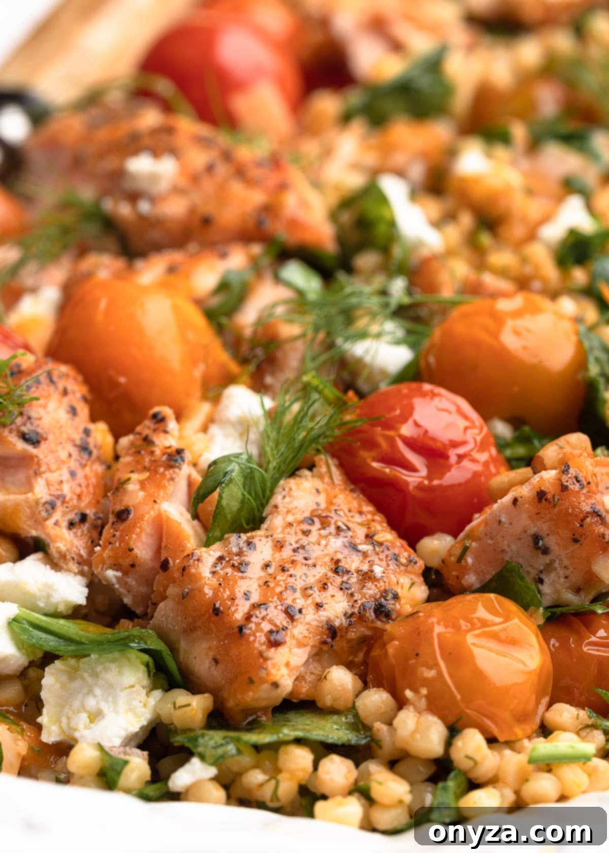 Flaked Salmon Couscous Salad with Sun-Kissed Tomato Vinaigrette 6 Closeup side view of a vibrant salmon couscous salad served on a white platter, garnished with fresh herbs