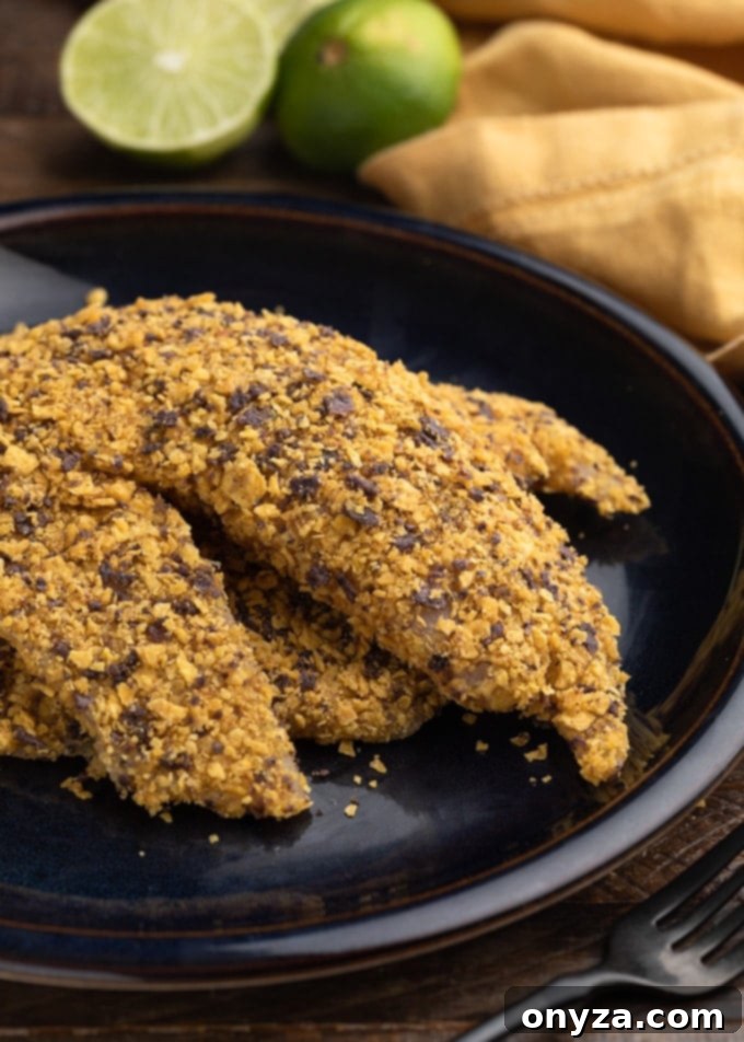 Crispy Tortilla Tilapia 4 Raw tortilla breaded tilapia fillets on a dark blue plate