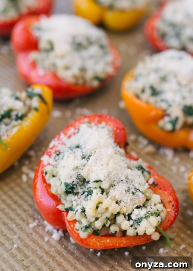 Finished pearled couscous stuffed peppers, lightly sprinkled with melted parmesan cheese, on a baking sheet, fresh out of the oven and ready to be served.