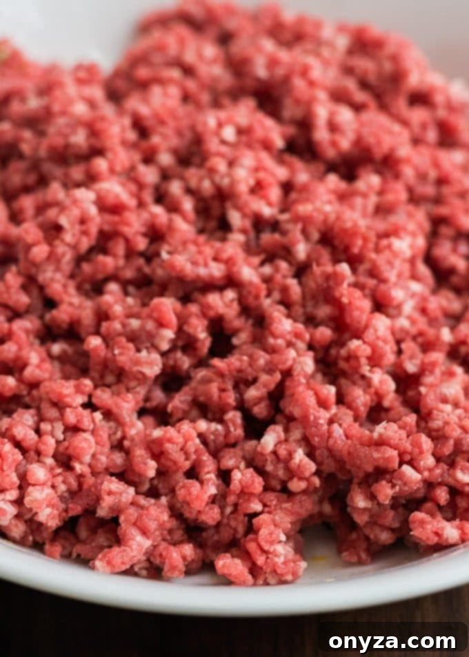 Medium Grind Chuck | Striped Spatula Freshly ground medium-coarse beef chuck, showcasing perfect texture and color in a white bowl.