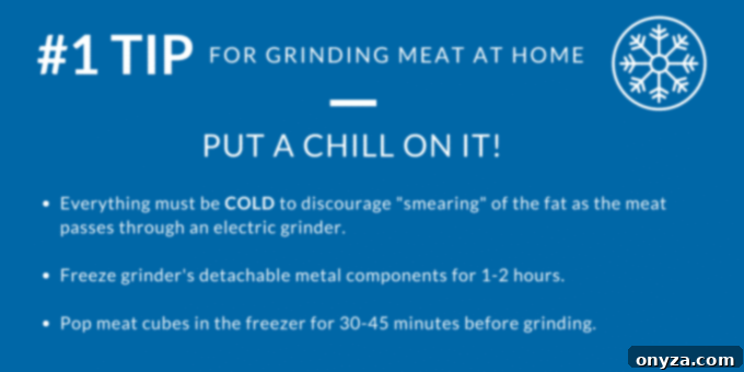 Tips for Grinding Meat at Home | Striped Spatula Visual infographic displaying essential tips for successful home meat grinding, emphasizing chilling, trimming, and speed.