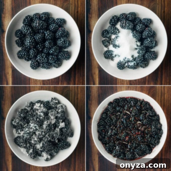 process of macerating blackberries for syrup, showing berries tossed with sugar in a bowl