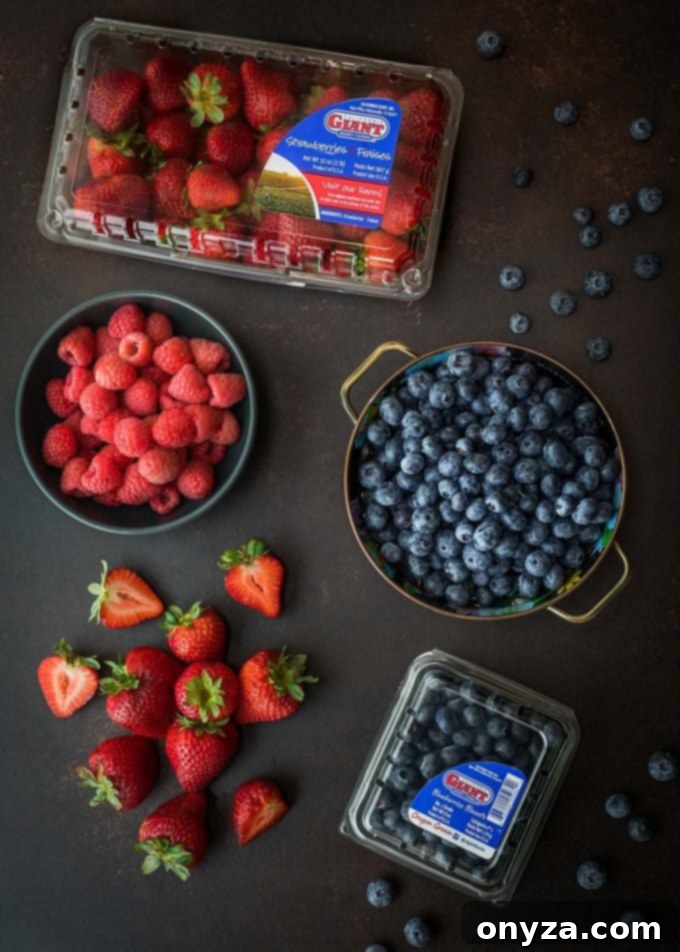 Fresh California Giant blueberries, strawberries, and raspberries, perfect for tart filling