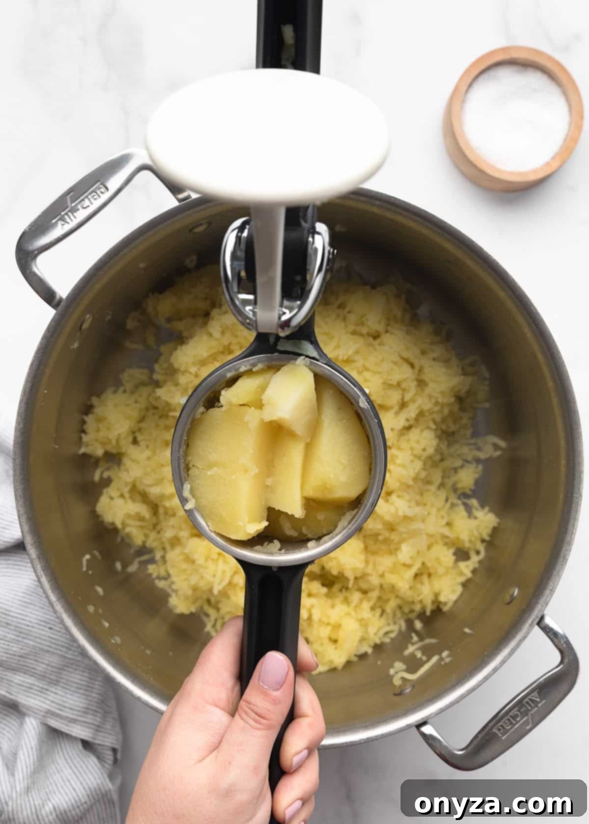 Cubed cooked potatoes in a potato ricer over a pot of riced potatoes