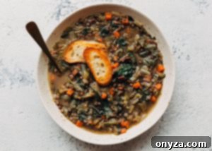 French lentil soup served in a bowl, garnished with crunchy garlic croutons and a drizzle of olive oil.