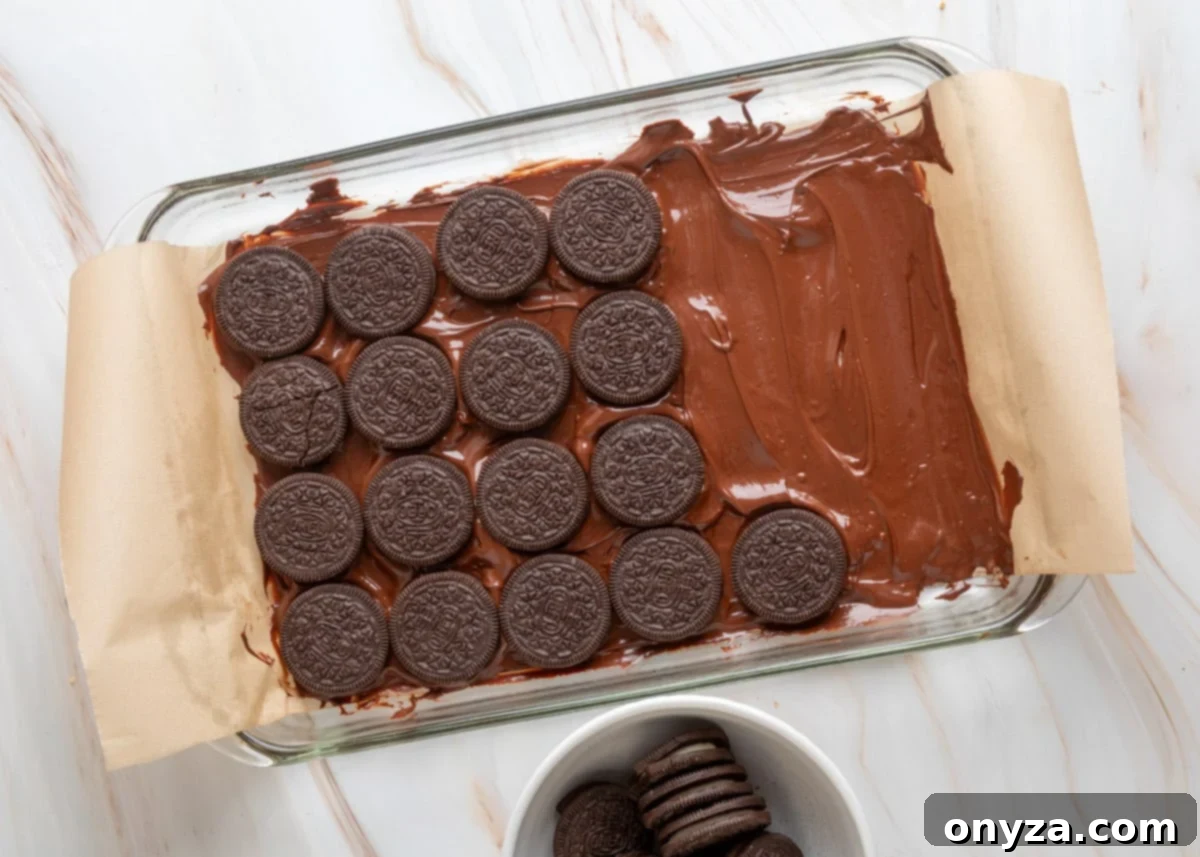 Melted chocolate base covered with a single layer of Oreo cookies in a baking pan.