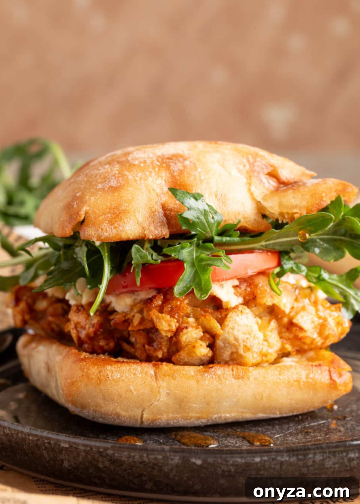 Crispy air fryer chicken sandwich on a toasted ciabatta roll