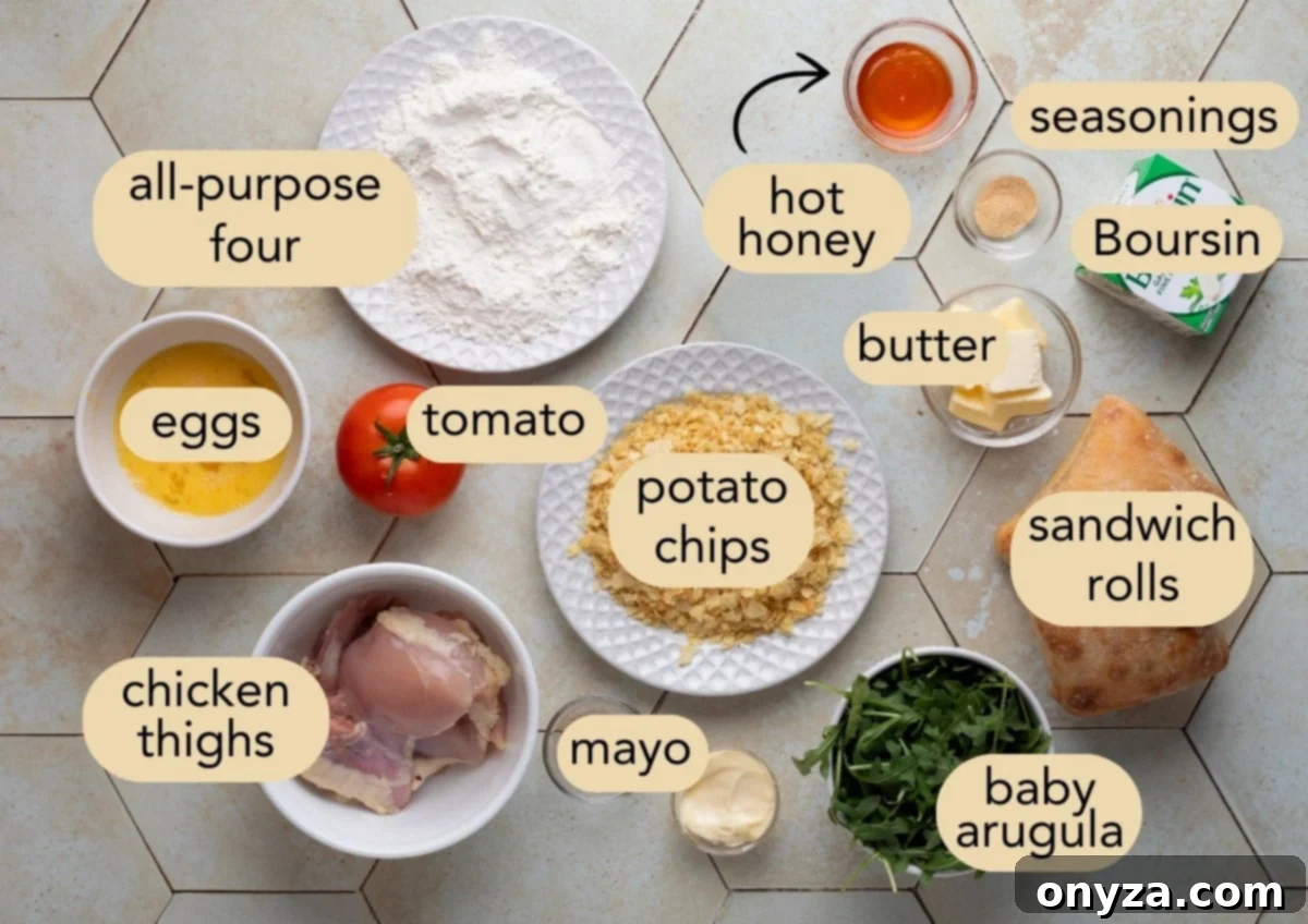 Ingredients for crispy chicken sandwich with hot honey