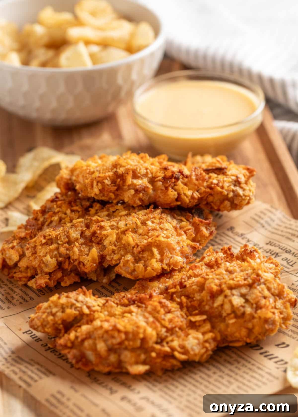 Crispy potato chip-crusted chicken thighs served with honey mustard dipping sauce.
