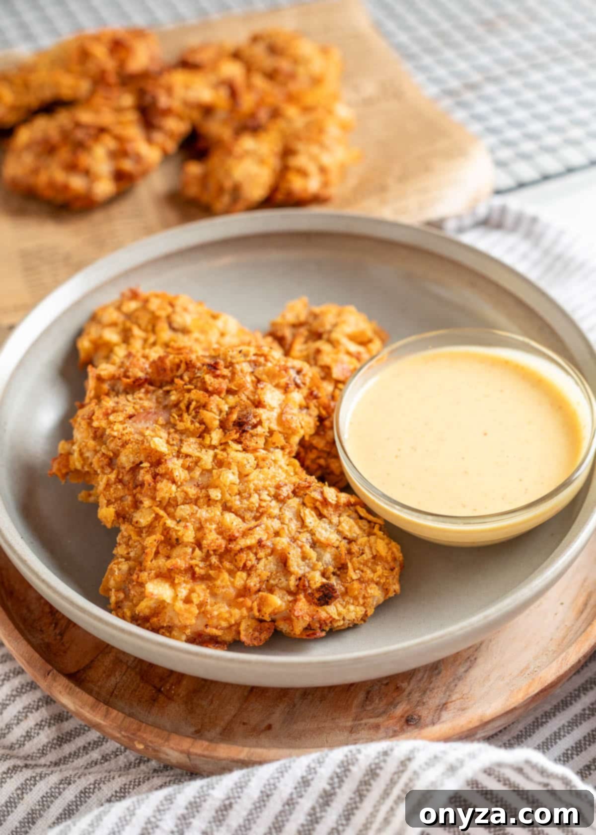 Potato Chip Chicken served on a plate with dipping sauce.